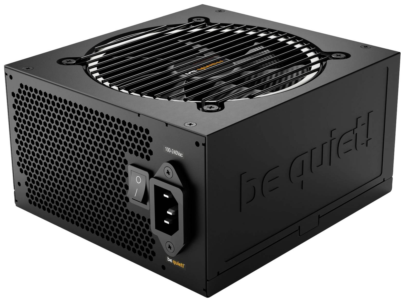 Een zwarte pc-voeding van 'be quiet!' met ventilator en aan-/uitschakelaar. Het apparaat beschikt over een hoge verwerkingskwaliteit.