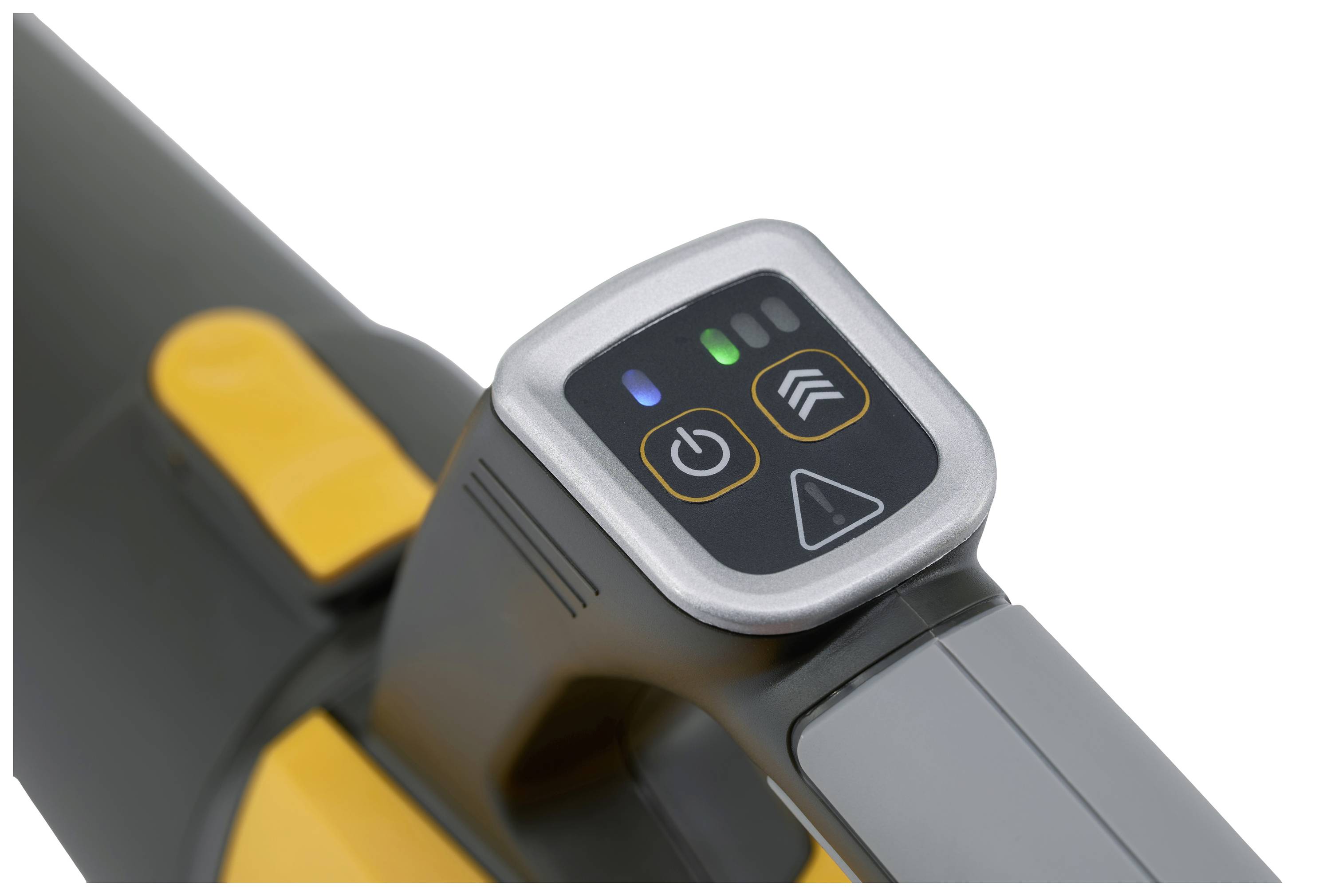 Close-up van een bedieningspaneel met drie knoppen en een LED-indicator op een donker apparaat. De knoppen tonen symbolen van pijlen en een waarschuwingssymbool.