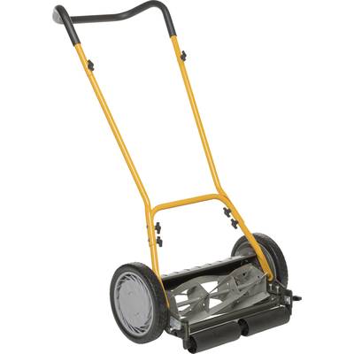 Een handmatige spindelmaaier met een oranje handgreep en twee grote wielen, geschikt voor geruisloos grasmaaien zonder motor.