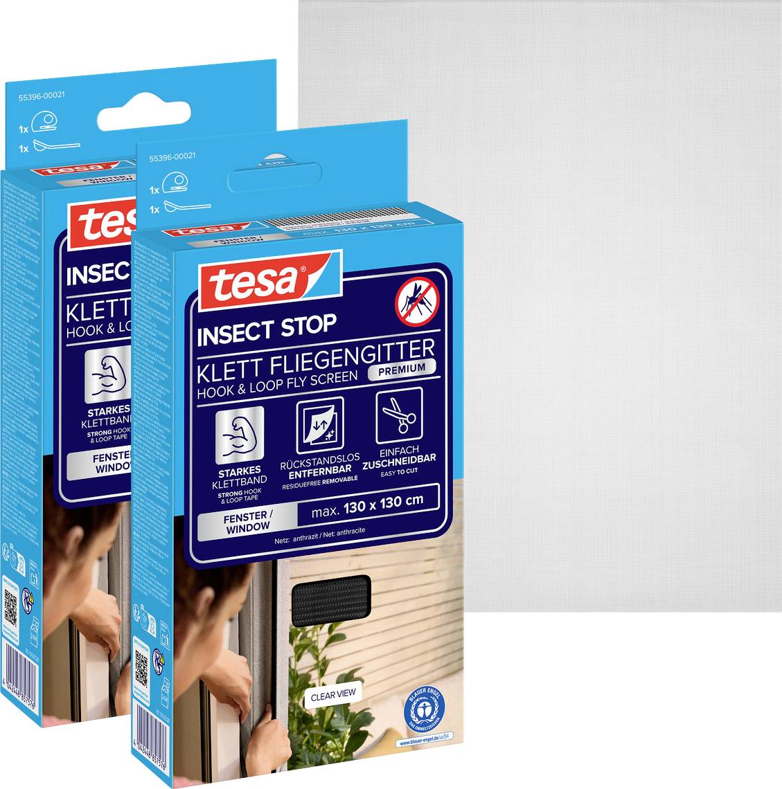 Twee Tesa Insect Stop klittenband vliegenscherm-pakketten, met een raaminsectenscherm product met 'max. 130 x 130 cm' op de doos.