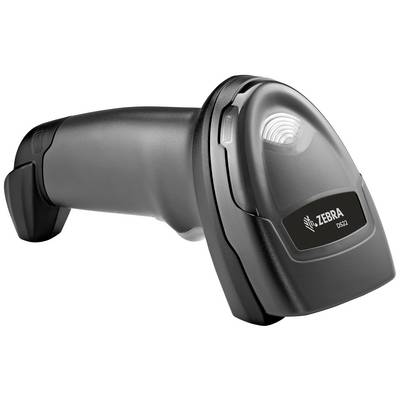 Een zwarte handscanner met een ergonomische handgreep. Hij is aan de voorkant voorzien van de tekst 'Zebra DS2200'.