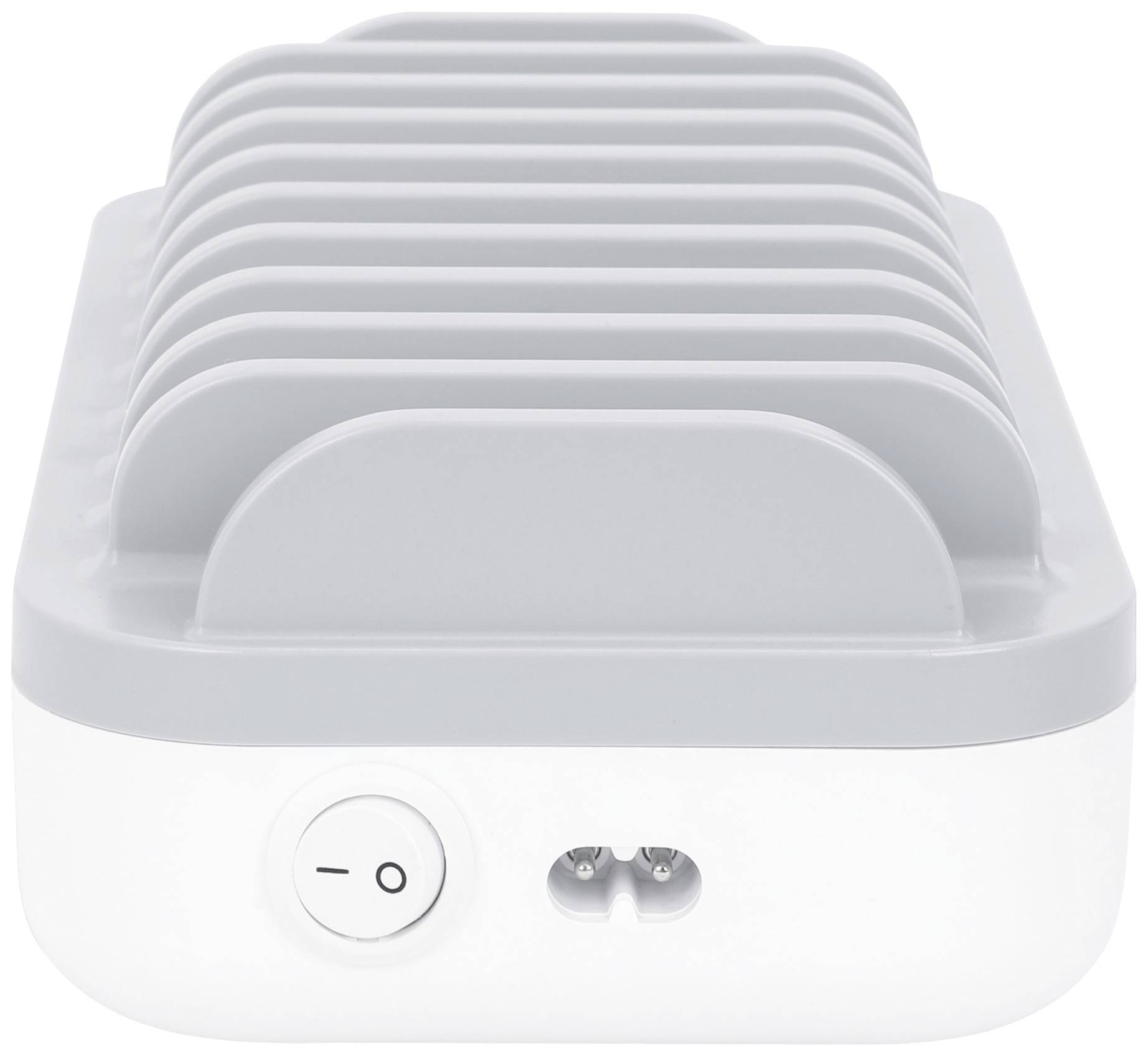 Grijs en wit apparaat met meerdere sleuven aan de bovenkant, een aan/uit-schakelaar aan de zijkant en een ventilatieopening.