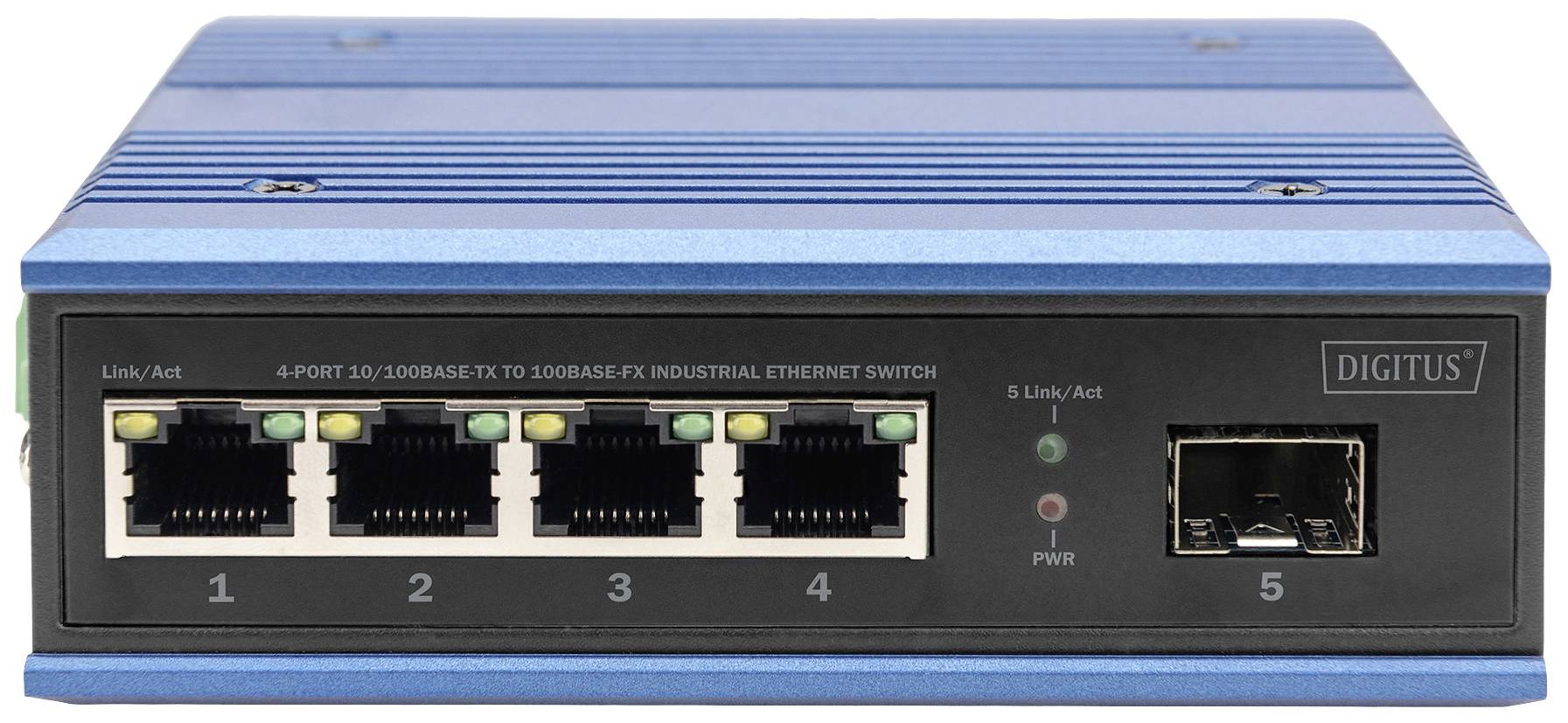 Blauwe industriële Ethernet-switch met vijf poorten, vier RJ45-aansluitingen en één glasvezelaansluiting, geschikt voor netwerkverbindingen.