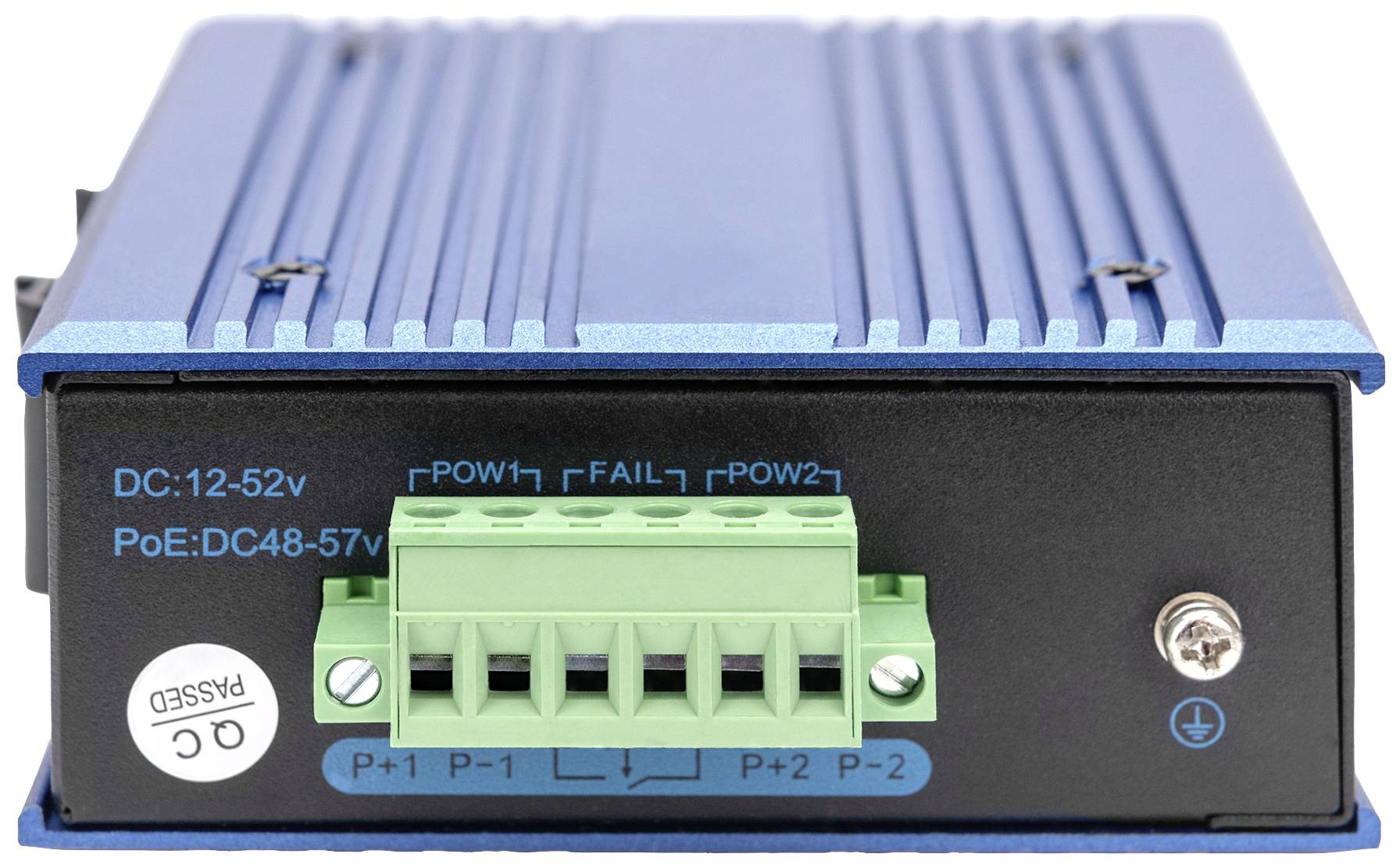 Een blauwe PoE-injector met groene aansluitingen en spanningsaanduidingen (DC: 12-52 V, PoE: DC 48-57 V) aan de voorzijde.