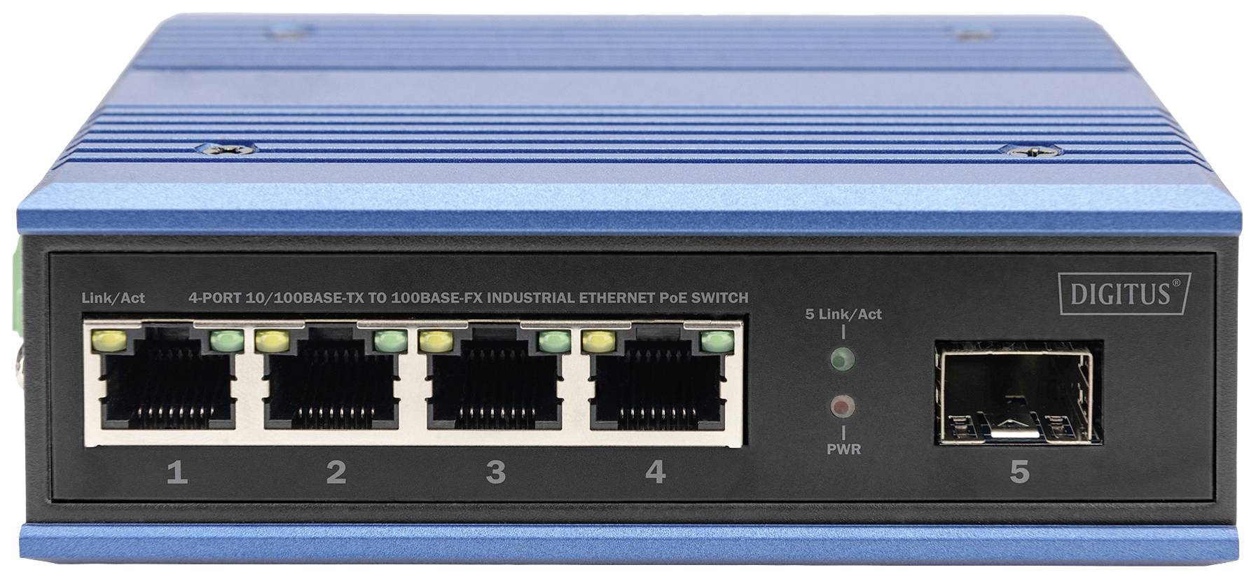 Een blauwe Ethernet-switch met vijf genummerde poorten (1-5), een glasvezelverbinding rechts en twee LED-indicatoren links.