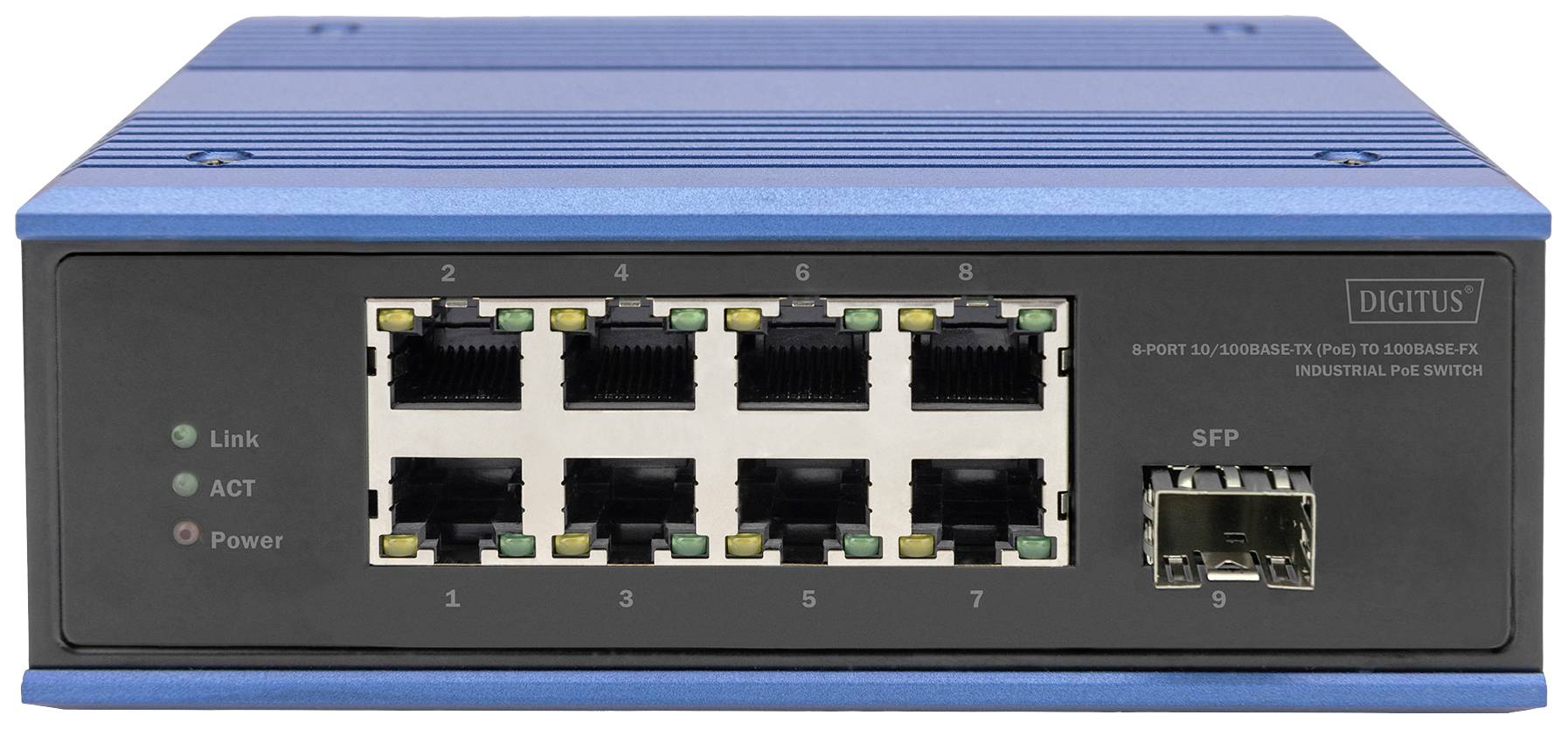 Een blauwe, industriële PoE-switch met acht Ethernet-poorten en een SFP-poort. LED's geven verbinding, activiteit en stroomvoorziening aan.