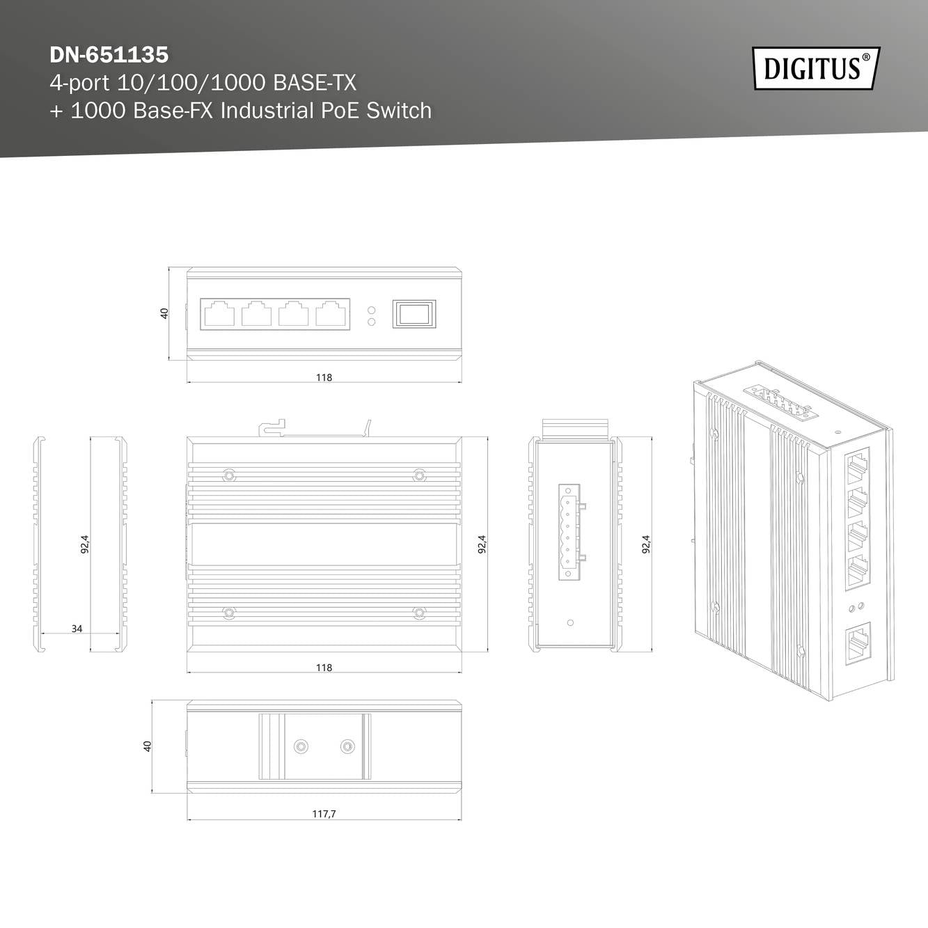 'DN-651135 4-poorts 10/100/1000 BASE-TX + 1000 Base-FX Industriële PoE Switch' met technische tekeningen en afmetingen van het apparaat.