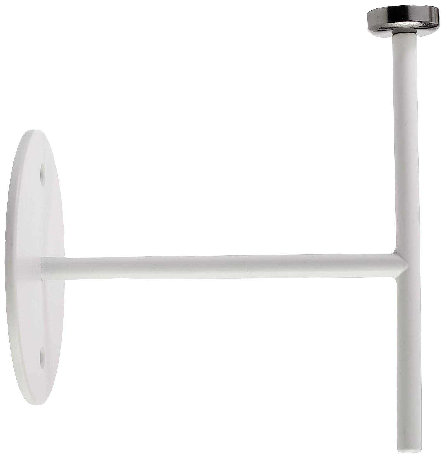 Witte, L-vormige metalen beugel met zilveren kop, geschikt voor wandmontage.