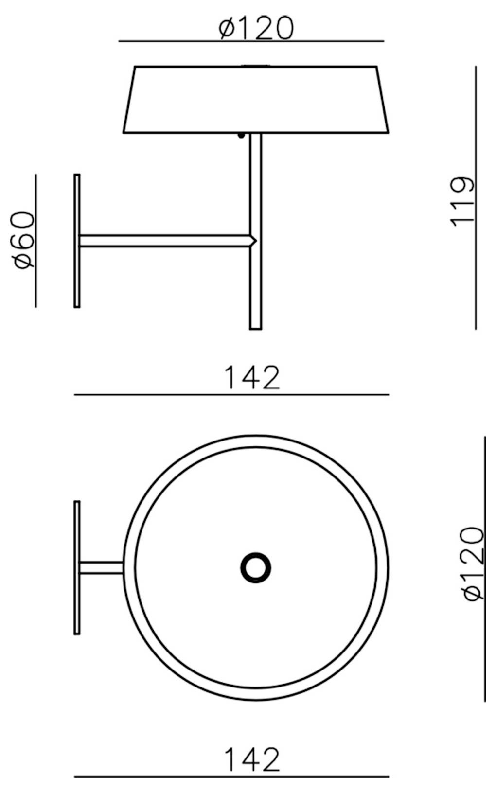 Technische tekening van een wandlamp met ronde kap, met zij- en vooraanzicht en maten: 142 breed, 119 hoog, 120 kapdiameter, 60 armdiepte.