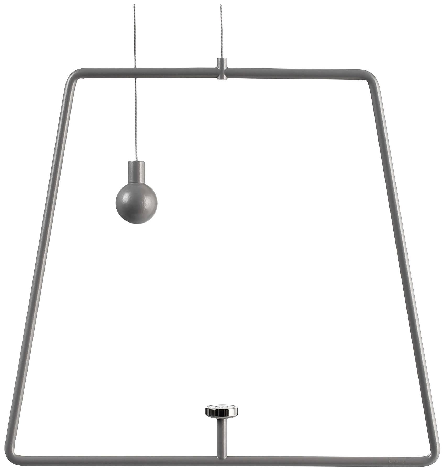 Een minimalistische, moderne lamp met een geometrisch frame en een hangende lichtbron. Hij presenteert een elegant, strak design.