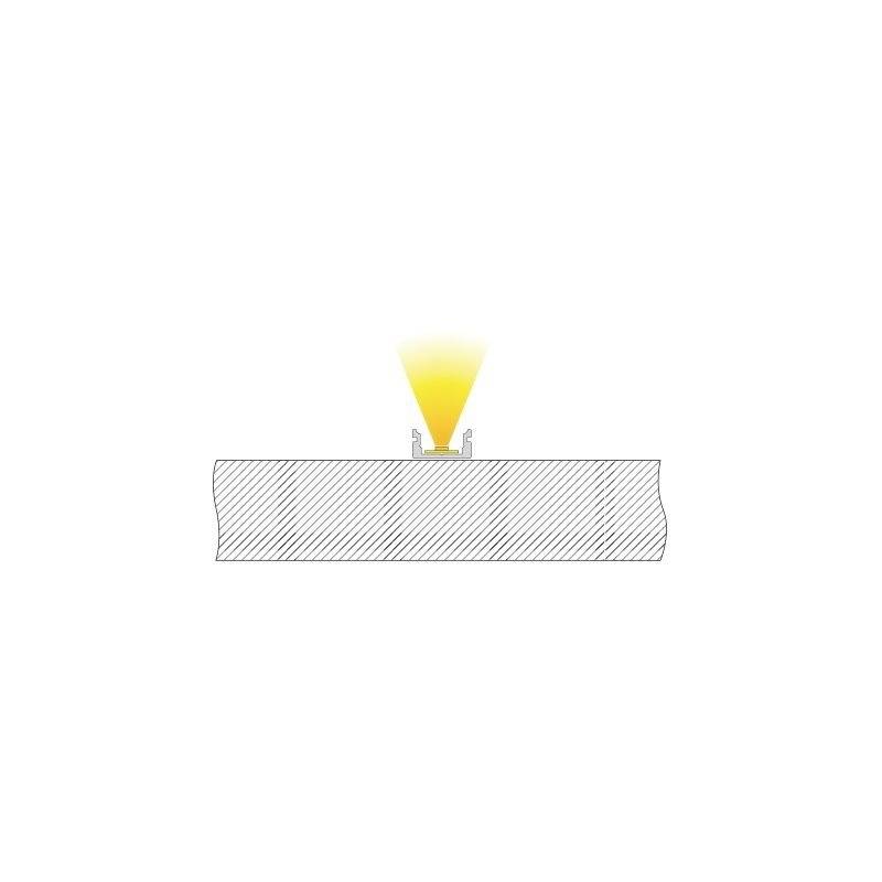 Een technisch diagram toont een LED-lamp gemonteerd op een printplaat. De lamp zendt geel licht uit in een kegelvormige bundel.