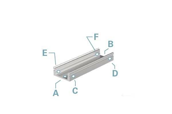 Metalen C-profielbalk met gemarkeerde punten A tot F. Punten geven belangrijke bevestigingspunten aan voor montage-instructies.
