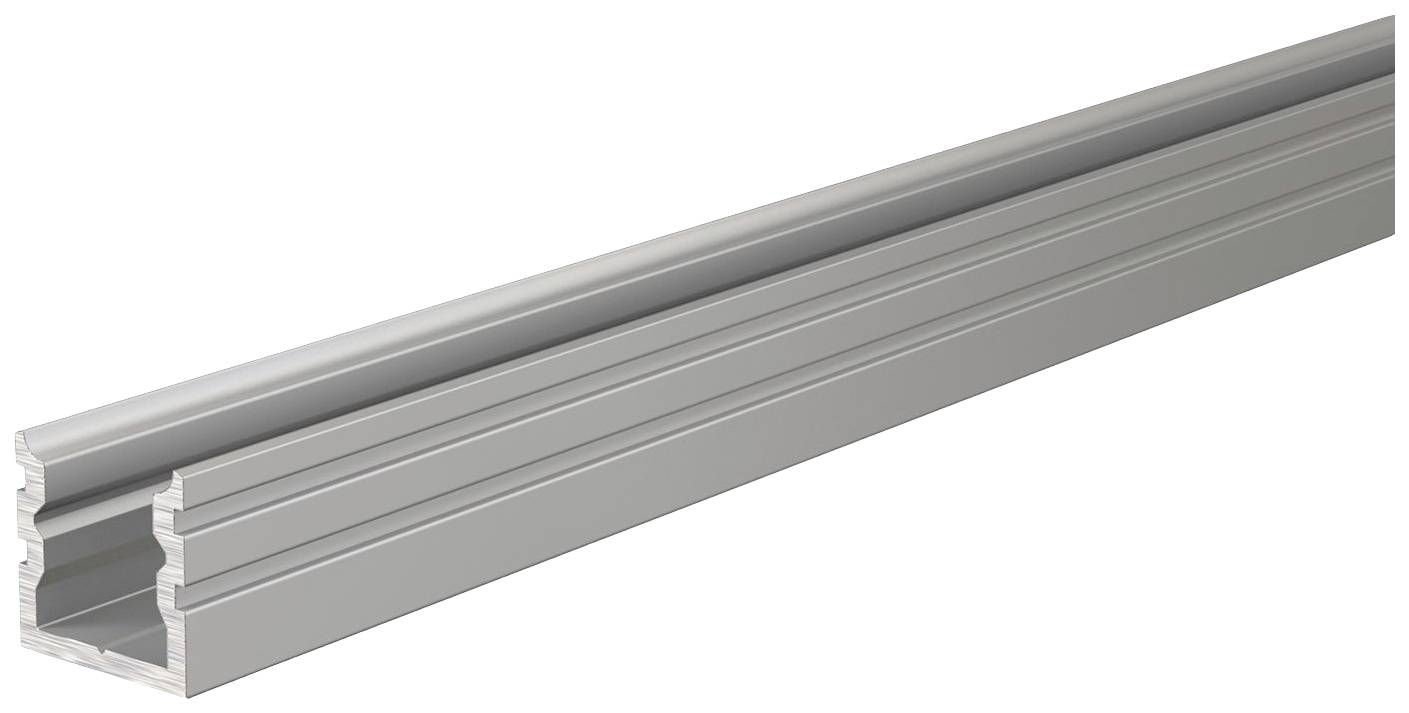 Een zilveren aluminiumprofiel, rechthoekig met een sleuf langs het midden, geschikt voor mechanische constructiedozen of frames.