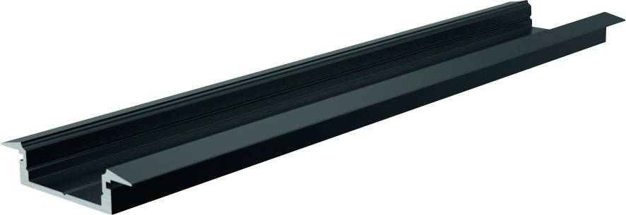 Zwart U-vormig aluminium profiel, gebruikt als onderdeel voor LED-strip montage.
