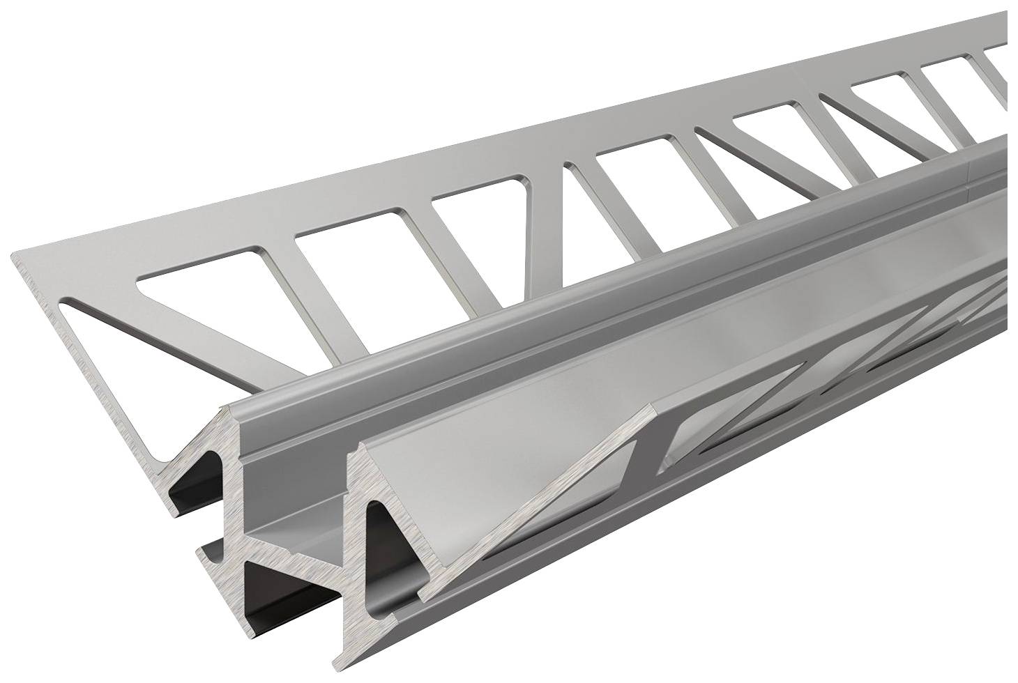 Aluminiumprofiel voor tegels, met driehoekige uitsparingen, biedt structurele ondersteuning en esthetische afwerking aan randen.