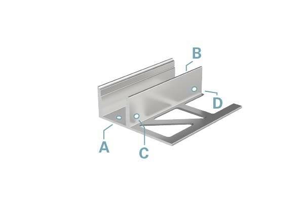 'Metaalwinkel met aanduidingen A, B, C, D. A wijst naar de onderste horizontale oppervlakte, B naar de bovenste verticale oppervlakte, C naar de binnenhoek, D naar de verstevigingssteun.'