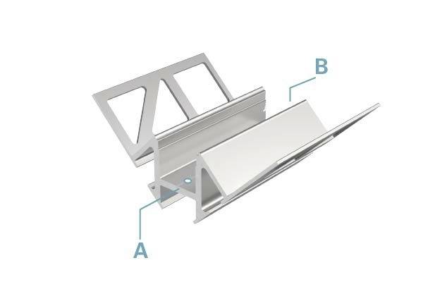 Metalen beugel met twee gemarkeerde punten: Punt A toont een verbindingsschroef, punt B benadrukt de hellende plaat.