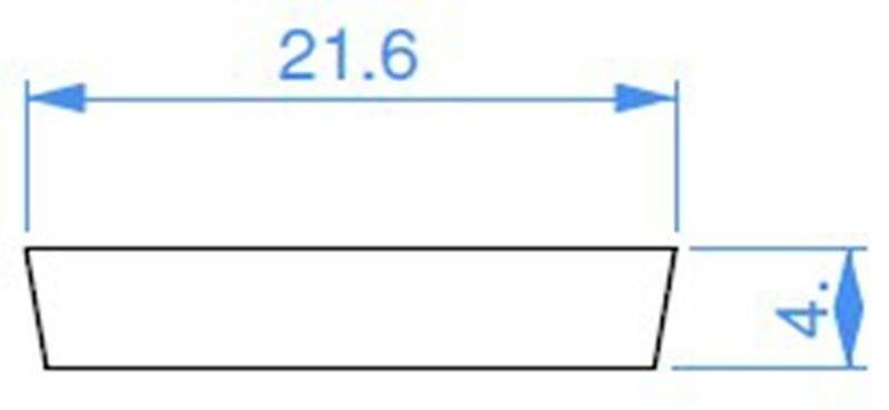 De afbeelding toont een trapezium met de afmetingen: breedte 21,6 en hoogte 4,0. De maten zijn weergegeven in blauwe tekst.
