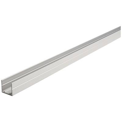 Een langwerpige, zilverkleurige metalen ligger met een U-vormige doorsnede, gebruikt voor bouw- en bevestigingstoepassingen.