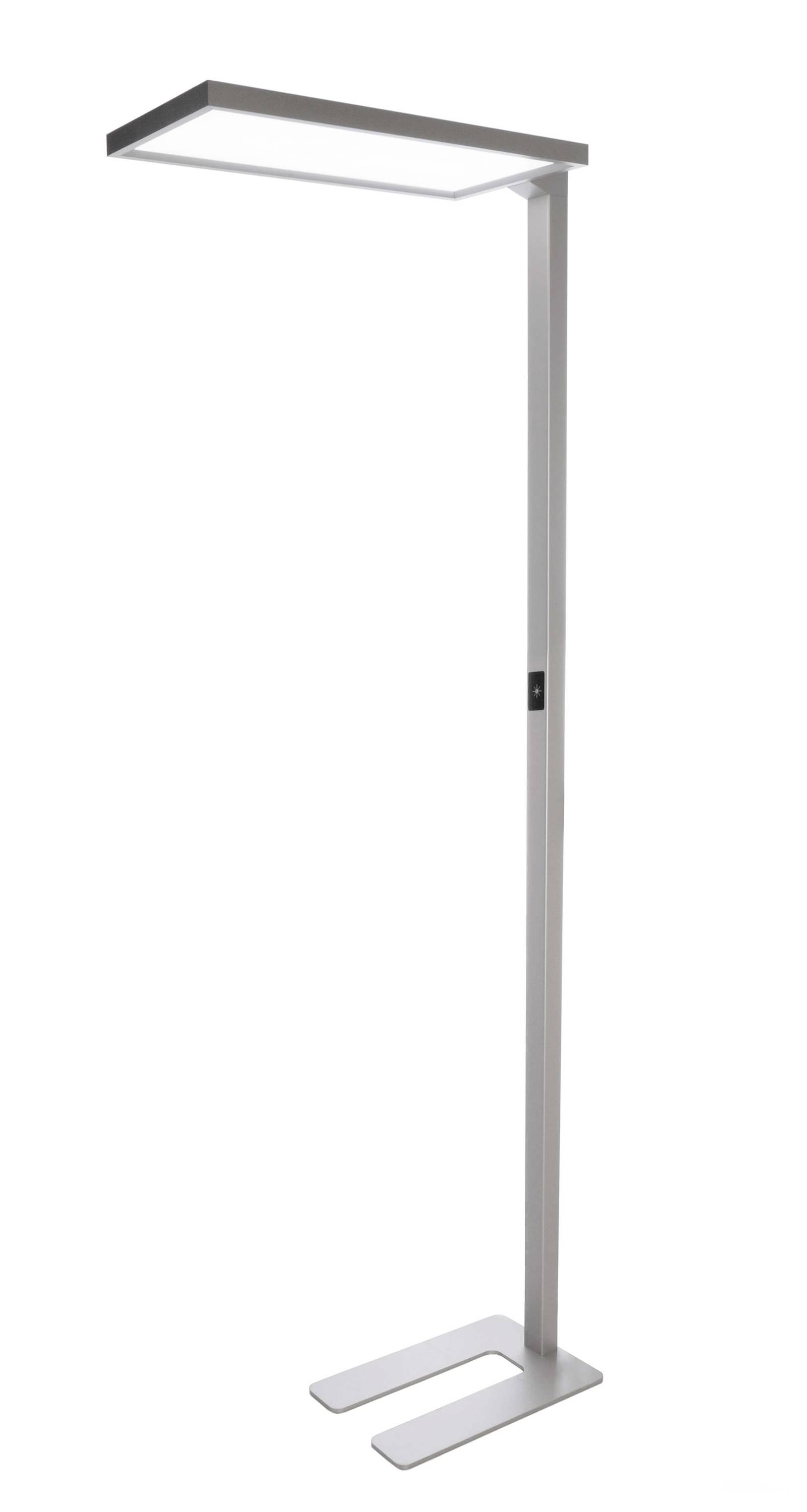 Staande lamp met slanke vormgeving, rechthoekige verlichtingskop en stabiele metalen voet, geschikt voor moderne interieurs.