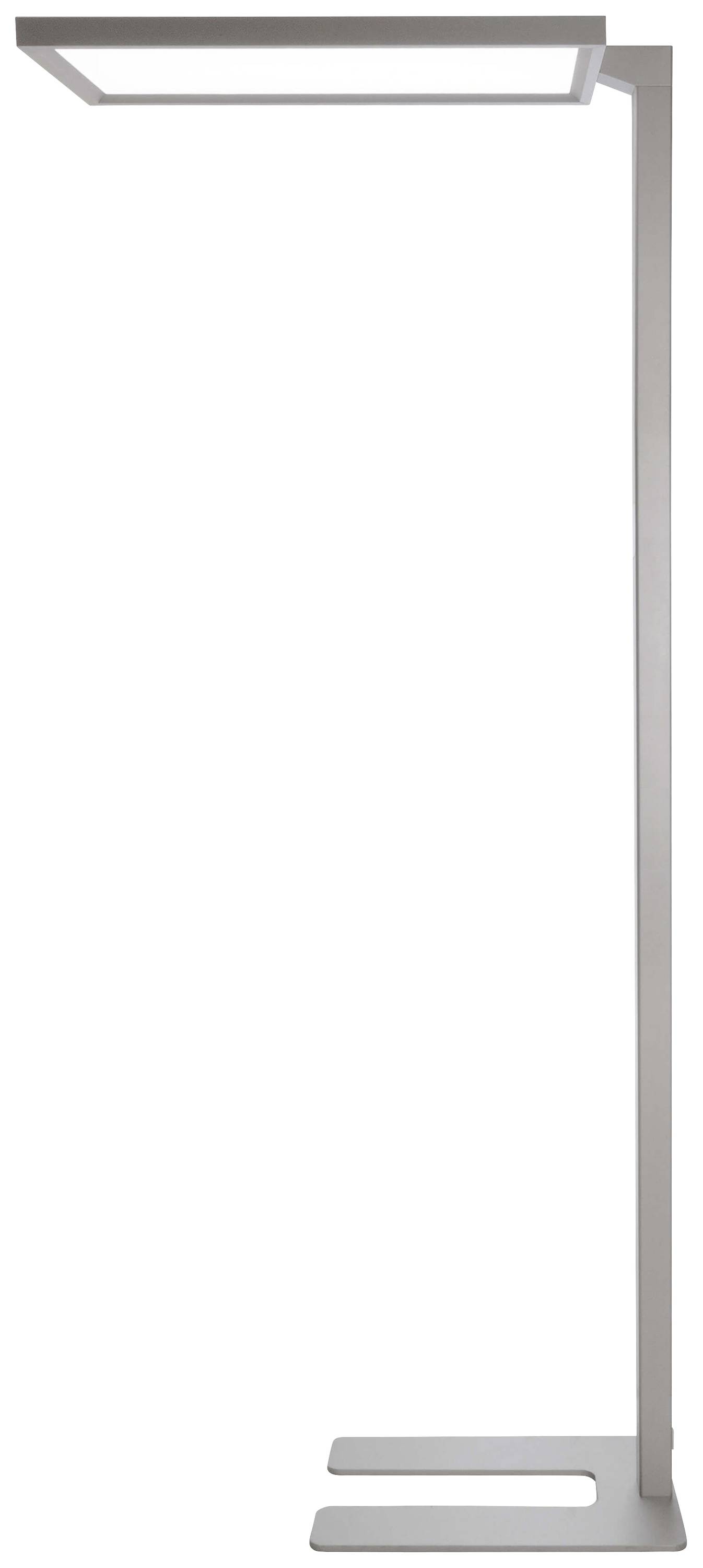 Staande lamp met rechthoekige lampenkap en modern, minimalistisch design. Zilverkleurige metalen frame met U-vormige voet.