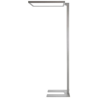 Staande lamp met rechthoekige lampenkap en modern, minimalistisch design. Zilverkleurige metalen frame met U-vormige voet.