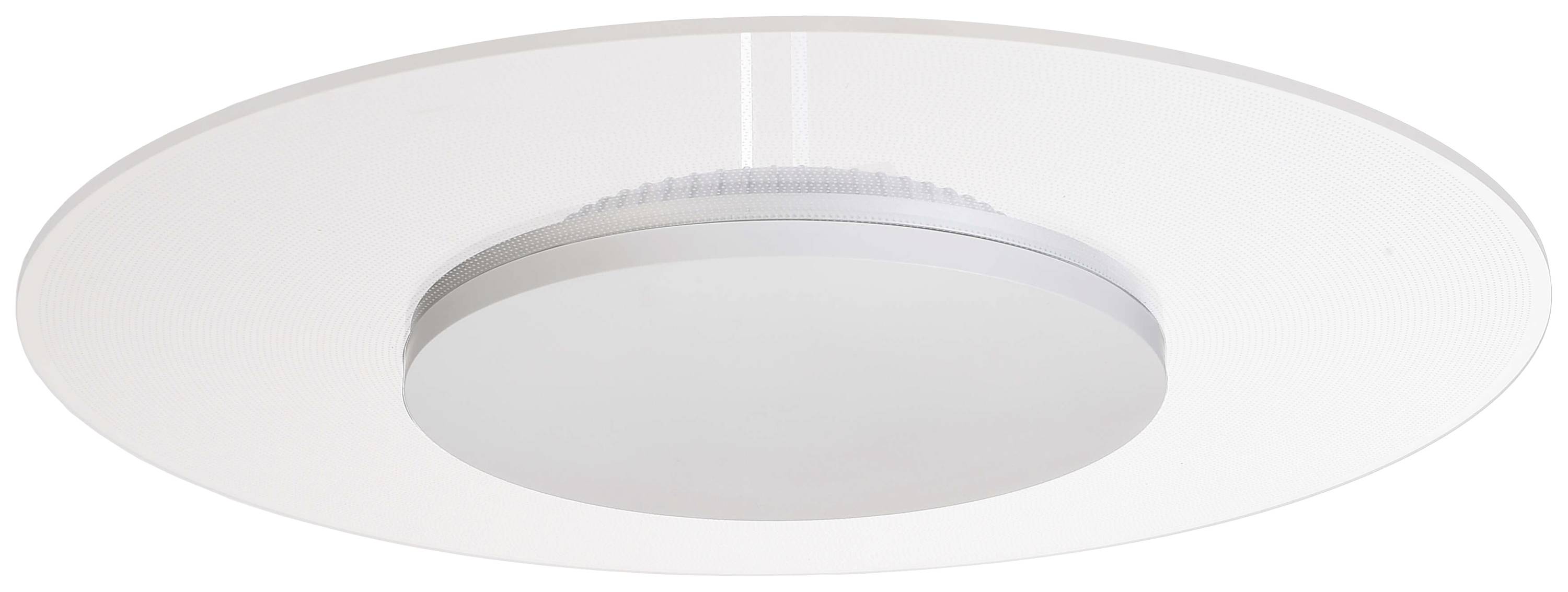 Ronde, moderne LED-plafondlamp met een plat, wit design en een centraal, cirkelvormig verlichtingselement.