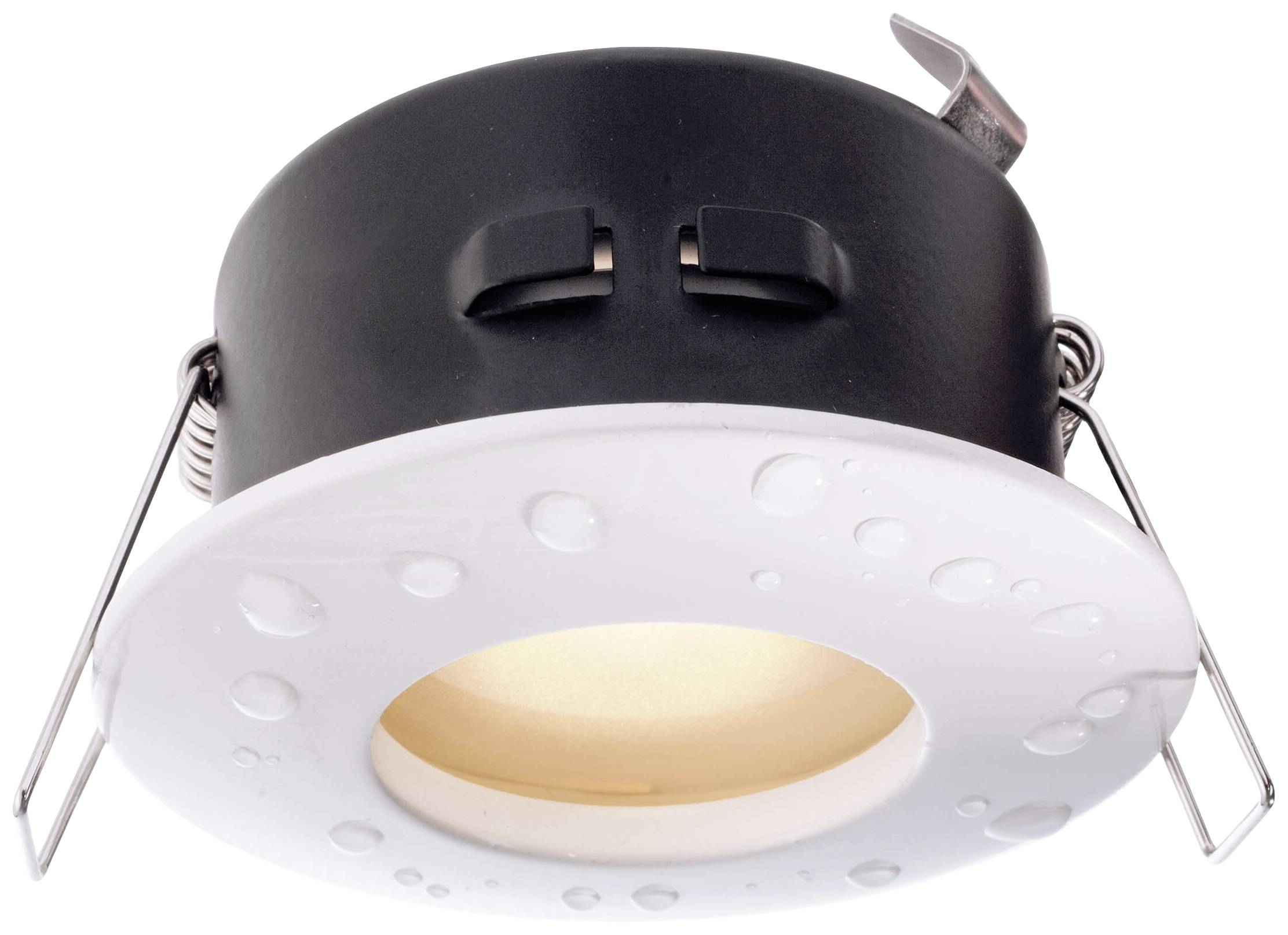 Ronde, zwarte LED-inbouwspot met witte rand en waterdruppels erop, geschikt voor vochtige omgevingen.