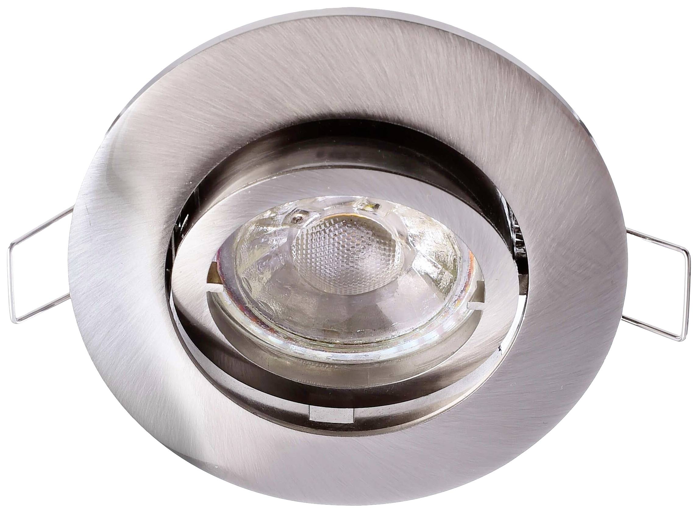 Inbouwspot met ronde, metalen behuizing en centrale LED-verlichting, geschikt voor plafondmontage in binnenruimtes.