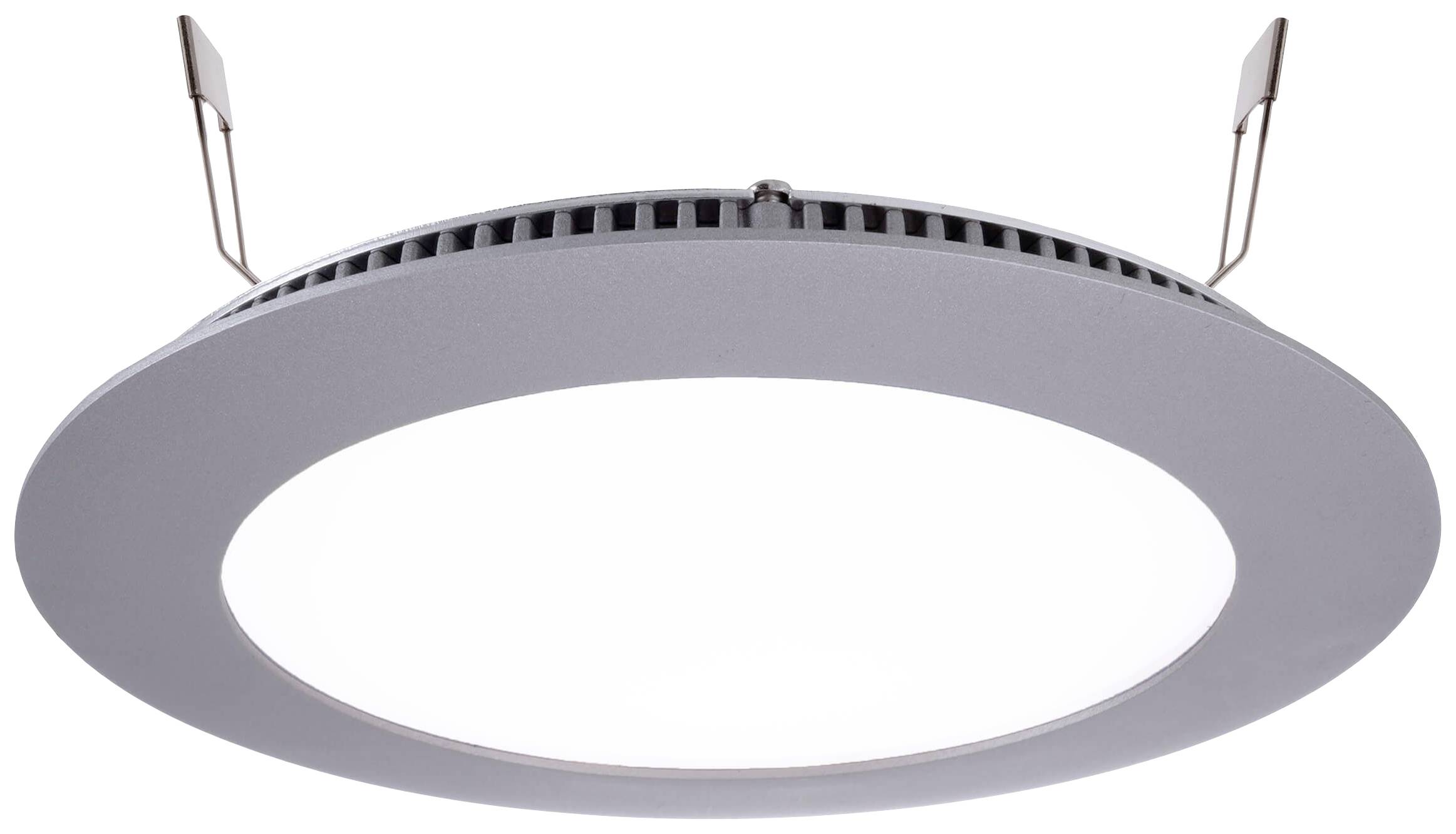Ronde LED-plafondspot in een zilveren behuizing met twee metalen klemmen voor bevestiging. Ideaal voor moderne, subtiele verlichting.