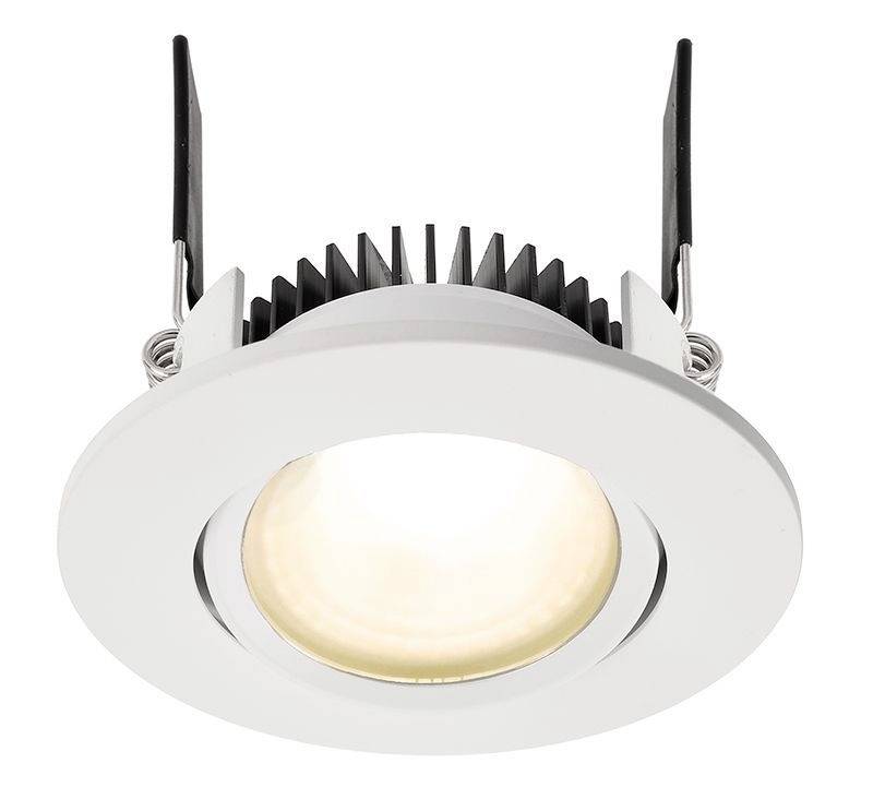 Witte inbouwspot met ronde vorm en geïntegreerde LED, geschikt voor moderne interieurinrichting.