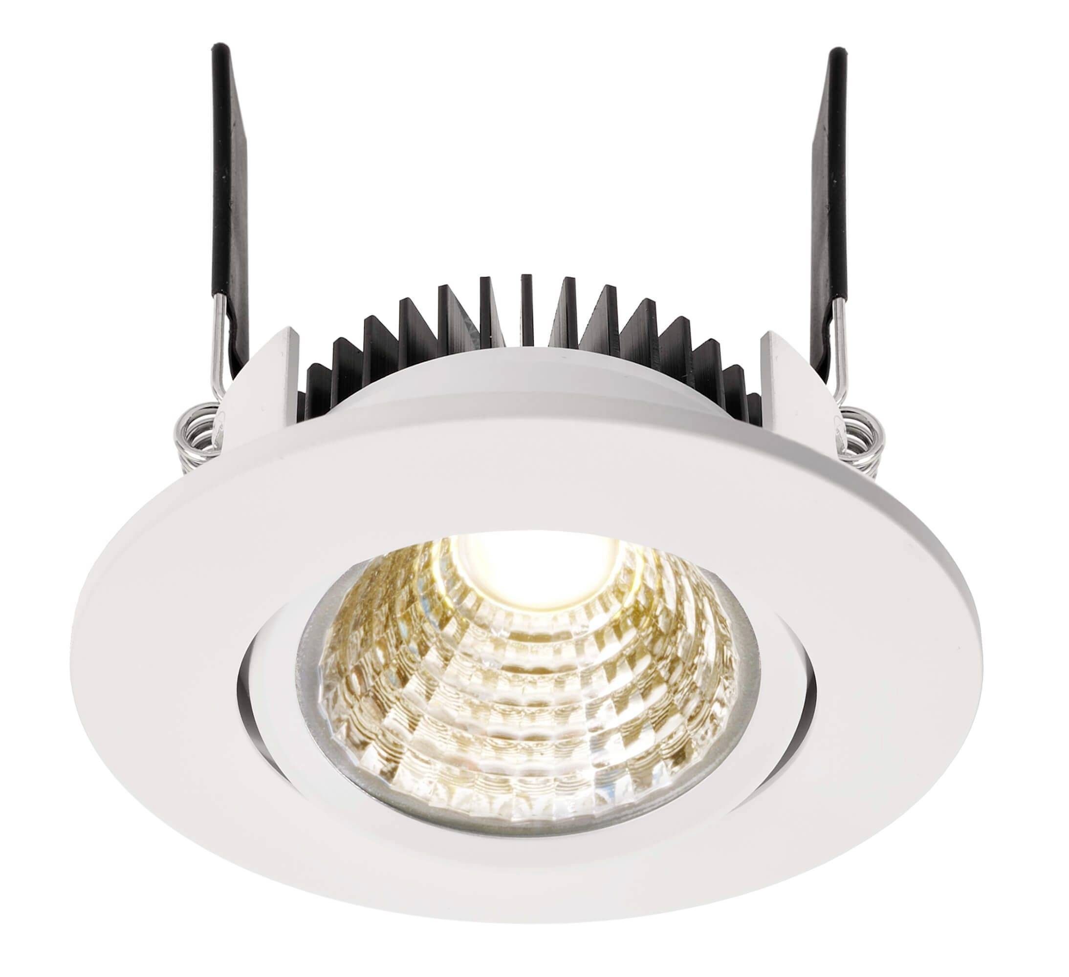 Ronde LED-plafondspot met wit behuizing, geïntegreerde reflector en metalen veerklemmen voor montage aan het plafond.