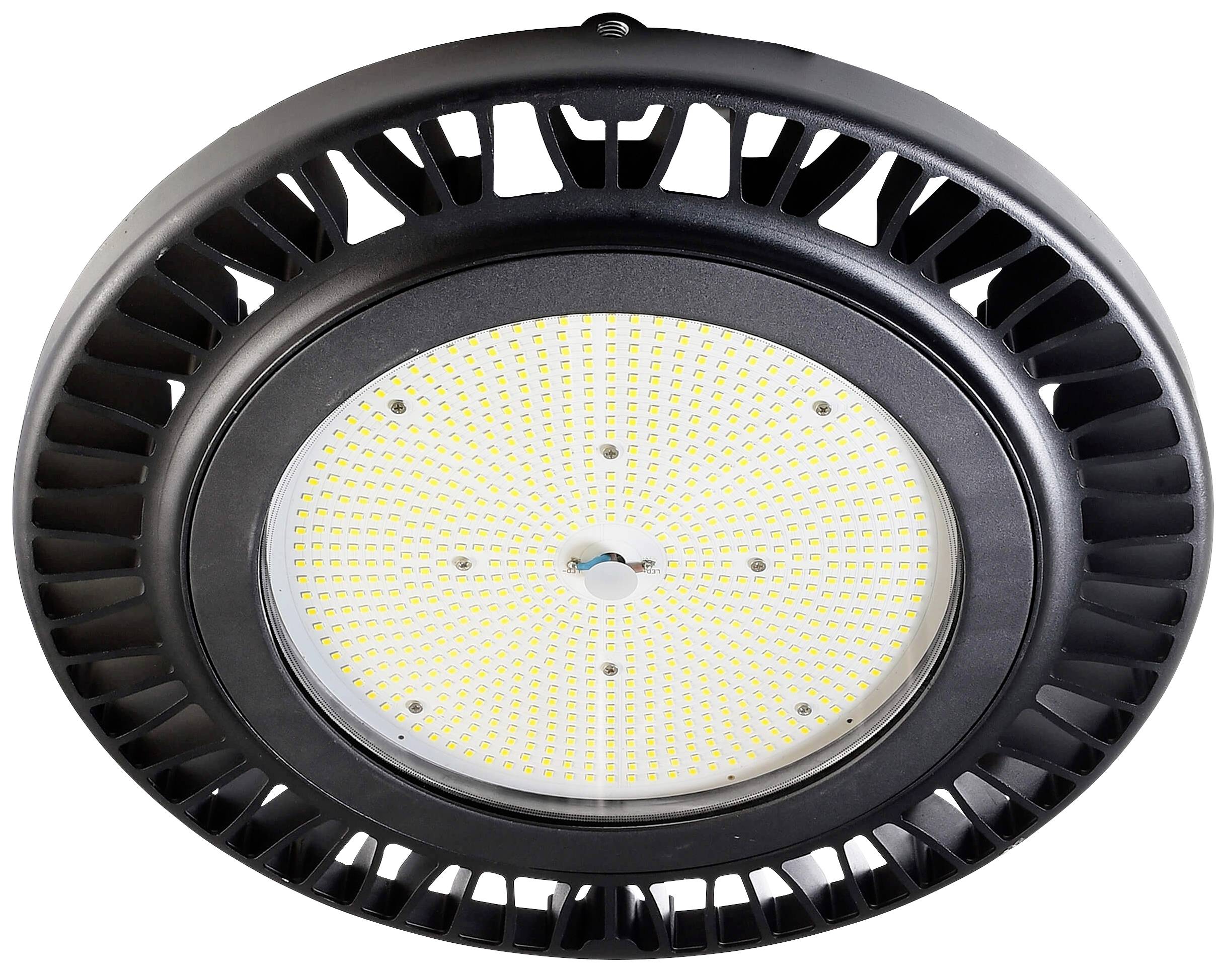 Industriële LED-plafondlamp met een rond, zwart behuizing en talrijke kleine, gelijkmatig verdeelde LED's in het midden.