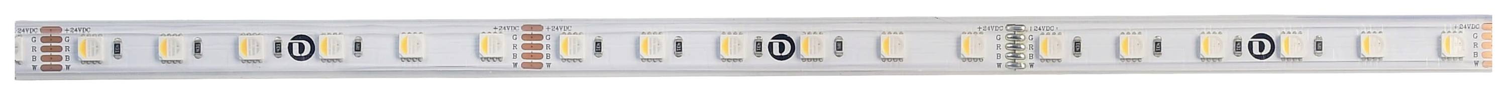 LED-strips met gelijkmatig gerangschikte diodes en weerstanden op witte achtergrond.