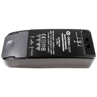 Rechthoekige elektronische transformator van Dekolight, zwart, met specificaties zoals ingang 220-240V en uitgang 11,5V 50/60Hz.