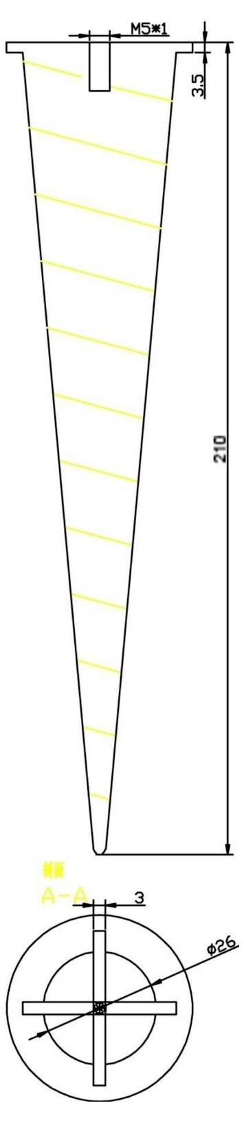 Technische tekening van een conisch cilindrisch onderdeel: zijaanzicht met de maatvoering M5x1-schroefdraad, 35 bovenbreedte, 210 lengte, en vooraanzicht met een doorsnede van 26 diameter.
