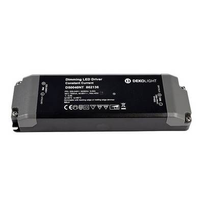 Dimbare LED-driver van Dekolight, model DS0040NT, voor constante stroom. Technische specificaties en logo's zijn weergegeven.