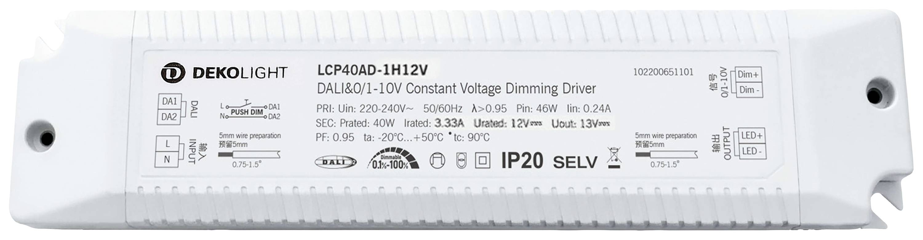 LED-driver van Dekolight, model LCP40AD-11H12V. Ingang 220-240V, 50/60Hz, uitgang 12V DC, 40W. Beschermingsgraad IP20, voor DALI/0-10V dimming.