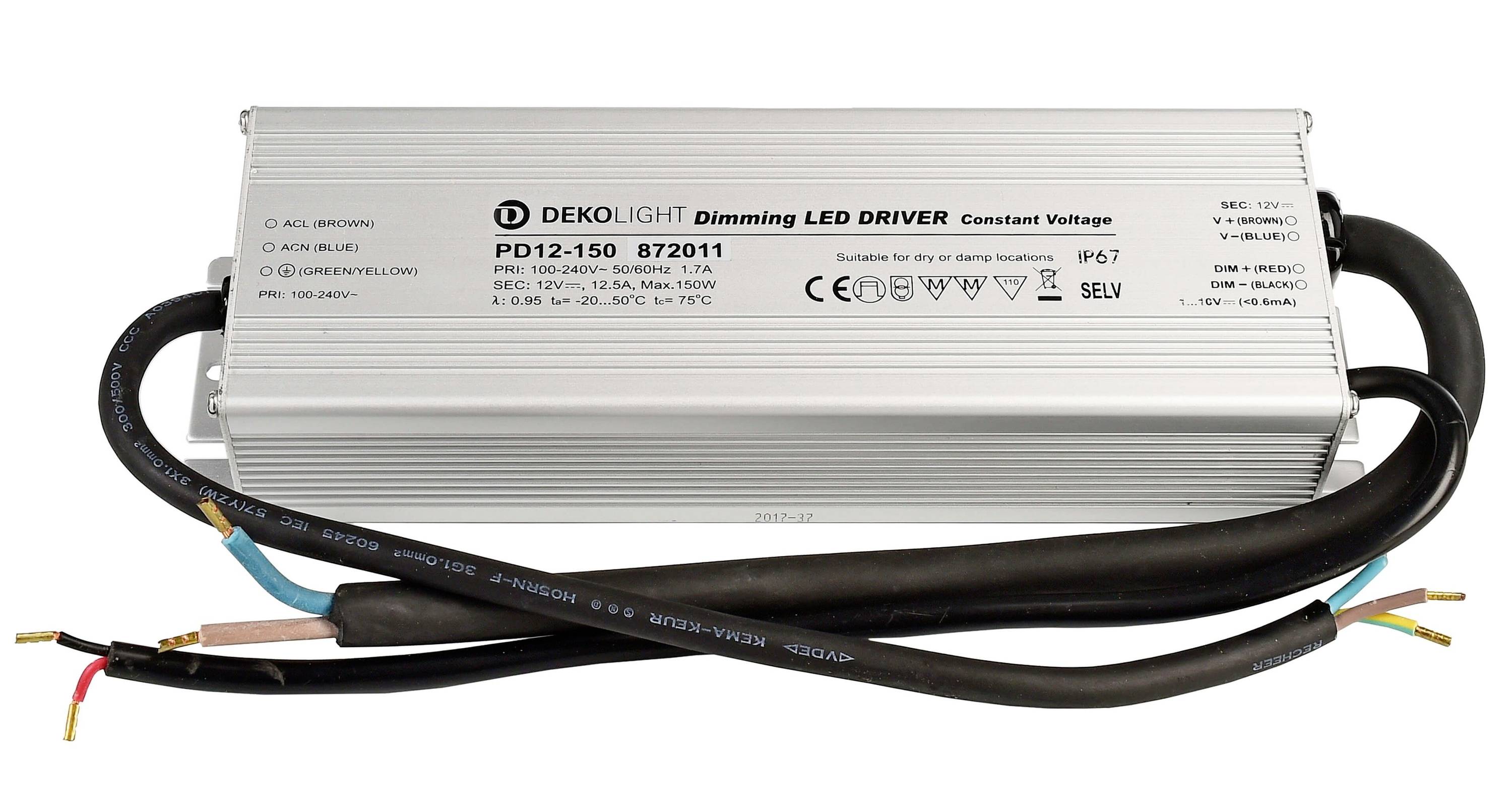 Een zilveren Deco-Light dimbare LED-driver, model PD12-150 872011, met aansluitkabels. Geschikt voor binnen- en buitengebruik.
