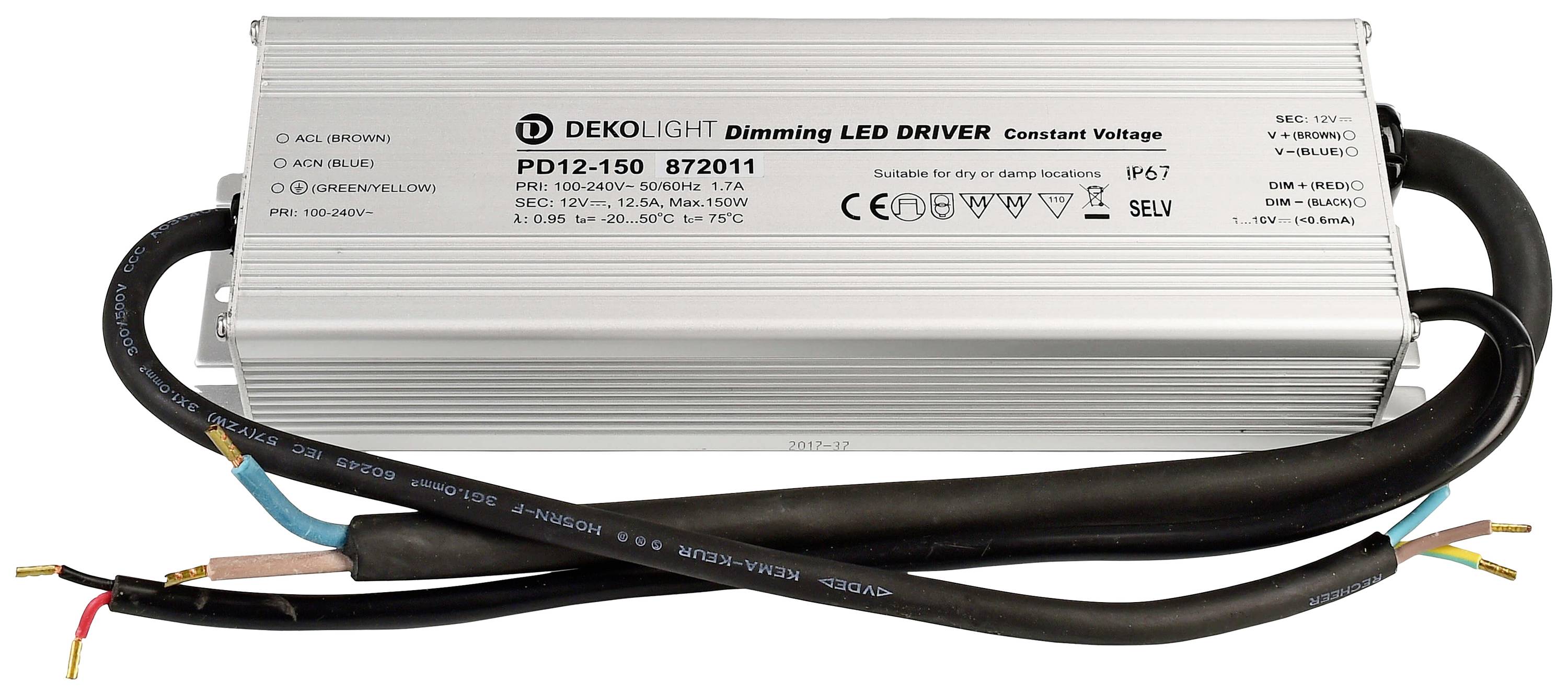 Zilveren dimapparaat voor LED-verlichting met drie kabels. Tekst op het apparaat beschrijft technische specificaties en veiligheidscertificaten. Merknaam 'Dekolight'.