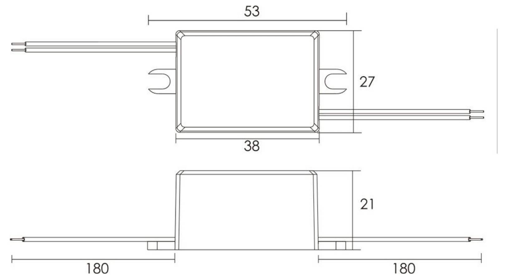 Technische maatvoeringstekening van een rechthoekig onderdeel met zijaansluitingen, met boven- en zijaanzicht en de maten 53, 38, 27, 21 en 180 mm.