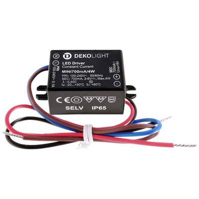 LED-driver van Dekolight, model MINI700mA/4W, voor 100-240V, IP65-gecertificeerd, met aansluitdraden voor gebruik buitenshuis.