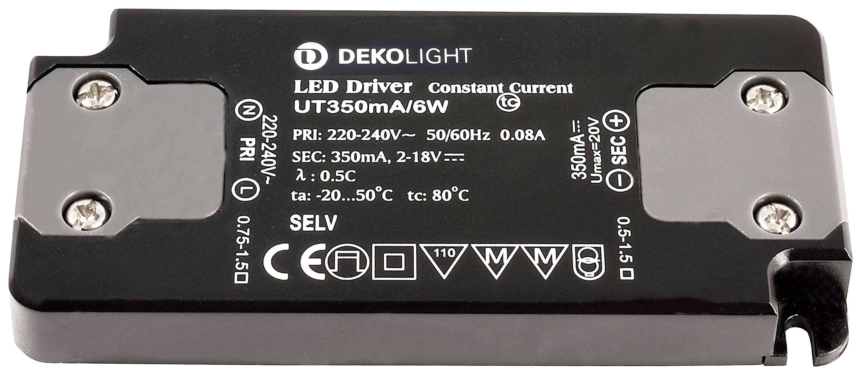 Zwart rechthoekig LED-stuurapparaat met opschrift 'DEKOLIGHT', technische specificaties en veiligheidsinstructies.