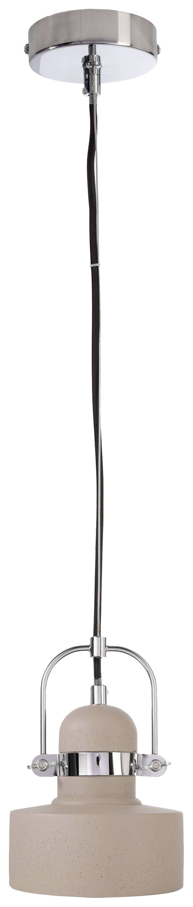 Hanglamp met een eenvoudig, modern design, zilveren plafondkap en beige lampfitting. Ideaal voor minimalisten of moderne interieurs.