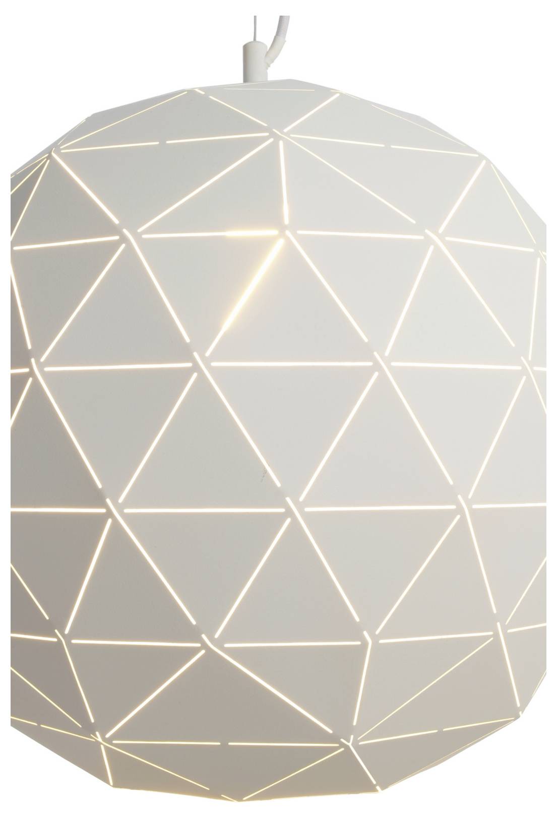 Hanglamp met geometrische vorm, een witte gefacetteerde koepel en warm gloeiende driehoekige lijnen tegen een effen achtergrond.