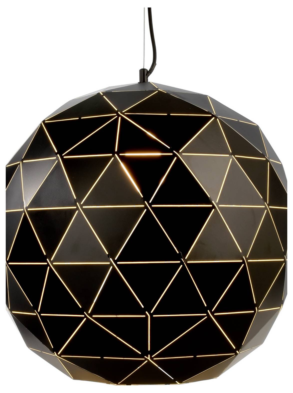 Zwarte geometrische hanglamp met gloeiende driehoekige lijnen, opgehangen aan een snoer tegen een witte achtergrond.