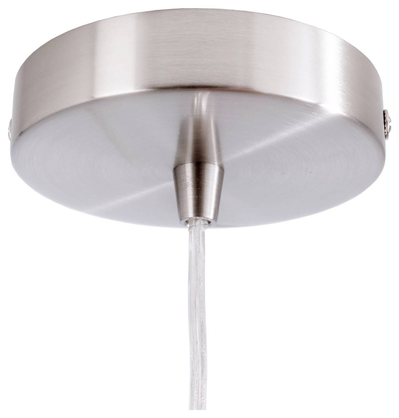 Close-up van een geborstelde metalen plafondlamp met een centraal snoer dat naar beneden hangt, op een witte achtergrond.