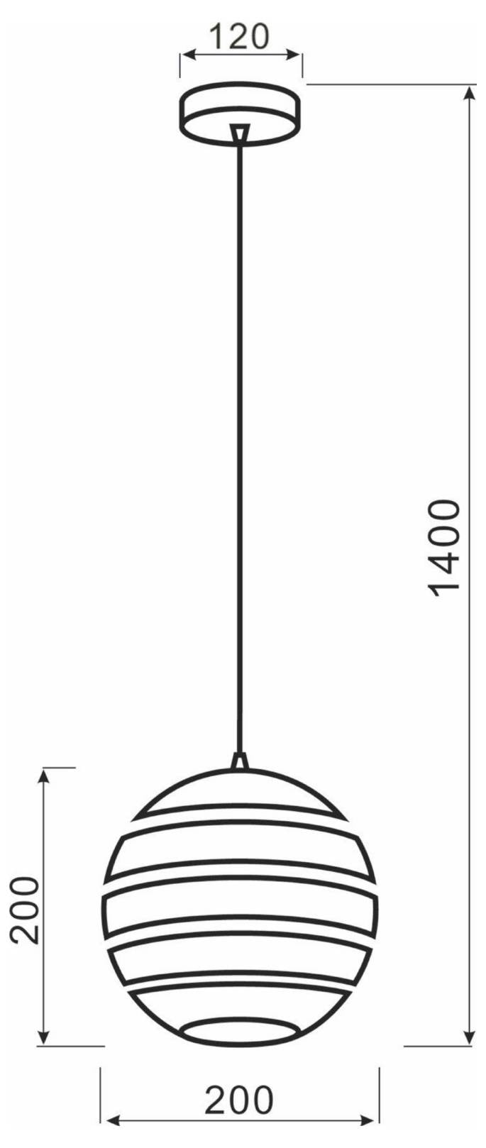 Technische tekening van een hangende bolvormige hanglamp, weergegeven met afmetingen van 120 mm breed, 1400 mm hoog en een diameter van 200 mm.