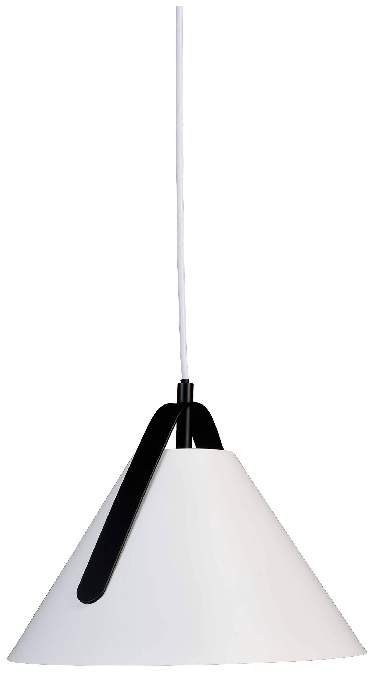 Witte hanglamp in kegelvorm, met een zwarte bevestigingsbeugel. Hij hangt aan een wit, dun snoer.