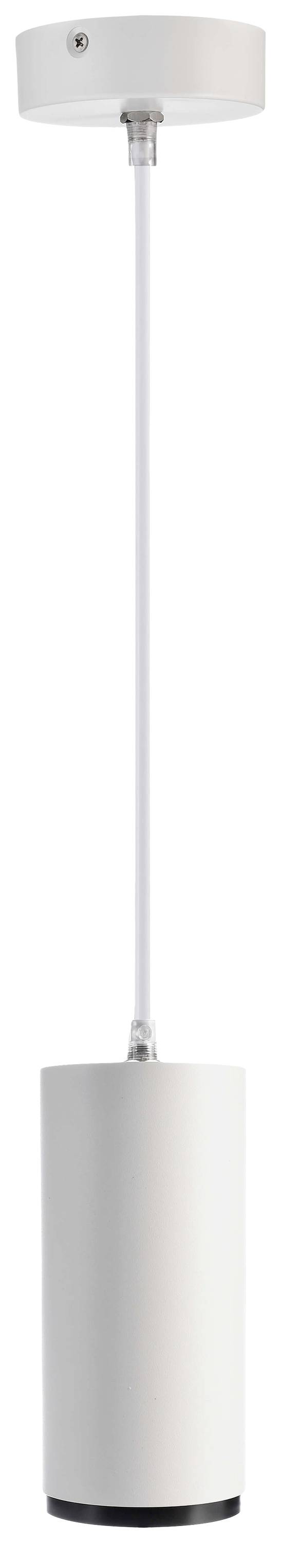 Witte cilindrische hanglamp met een strak design en een dun wit snoer, geschikt voor moderne interieurs.